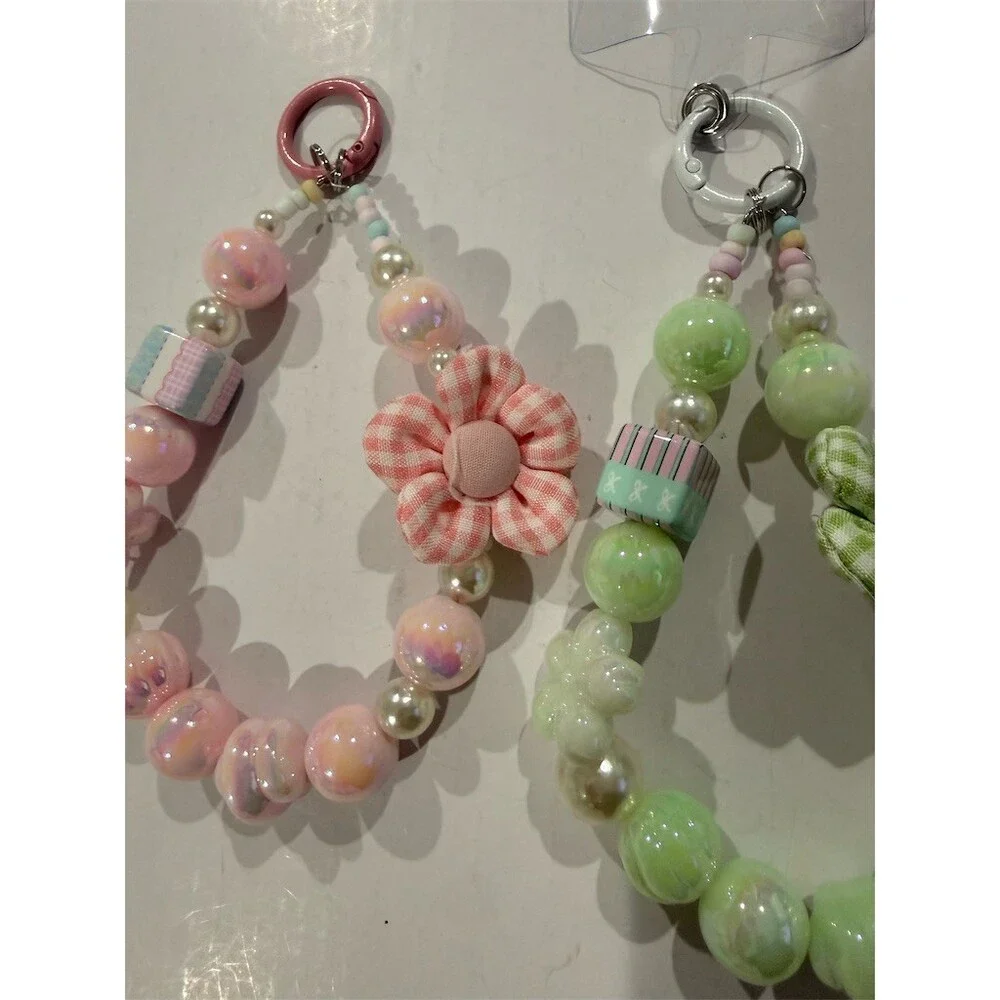 Set of 2 Beaded Phone Charms cute key purse charms  Pink Green Gingham Flower